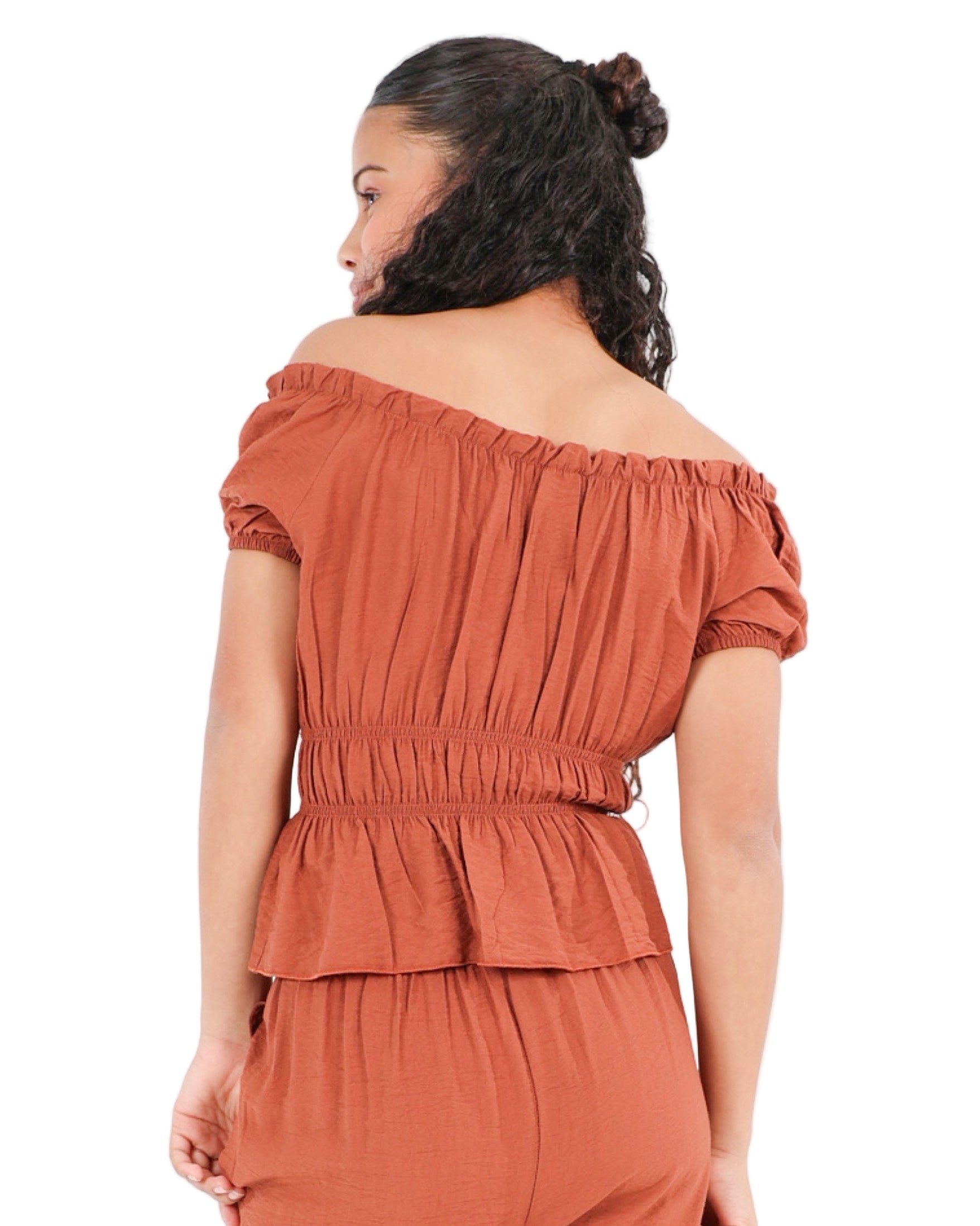 Short Puff Sleeve Ruched Bodice Blouse