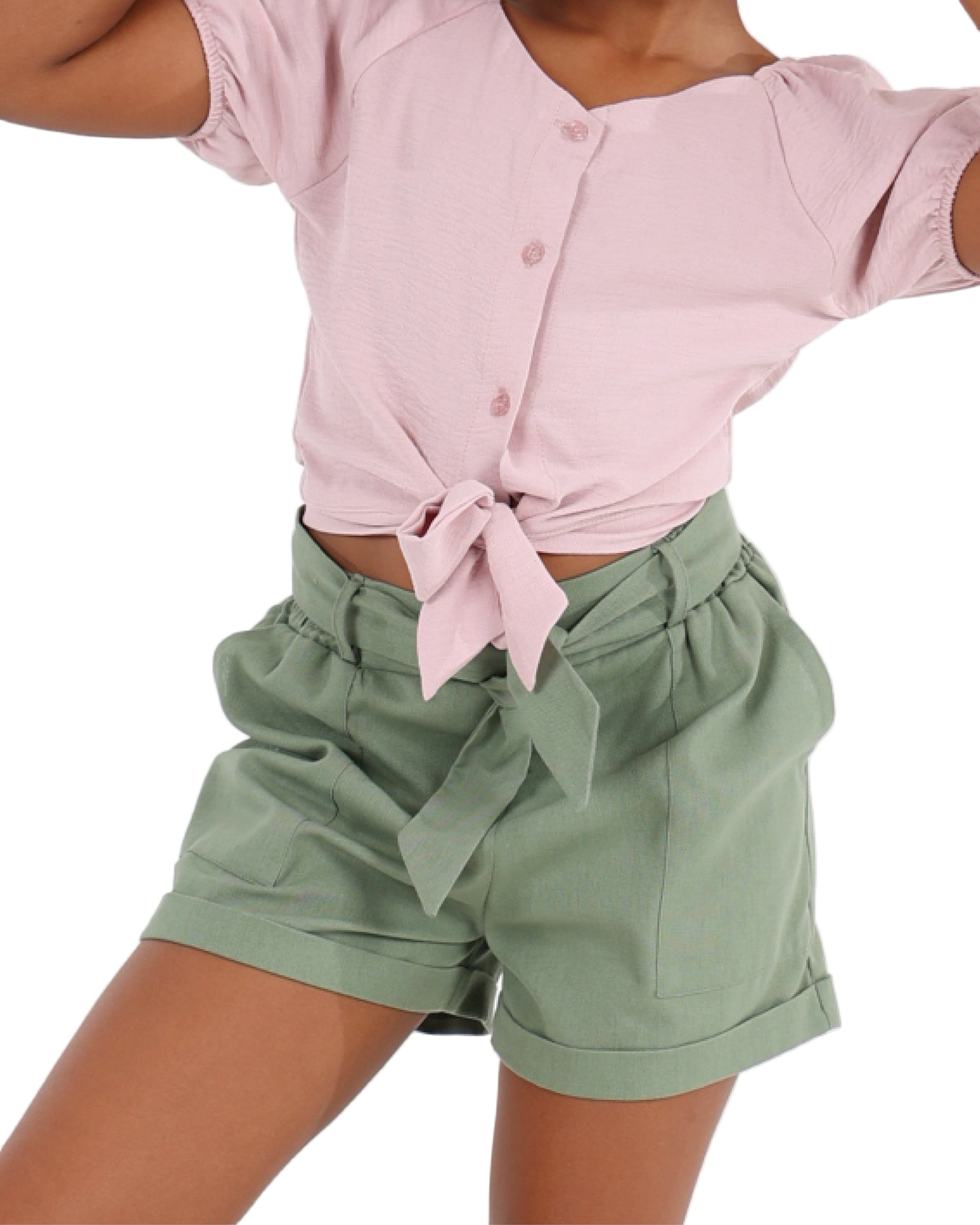 Short Puff Sleeve Tie Front Shirt