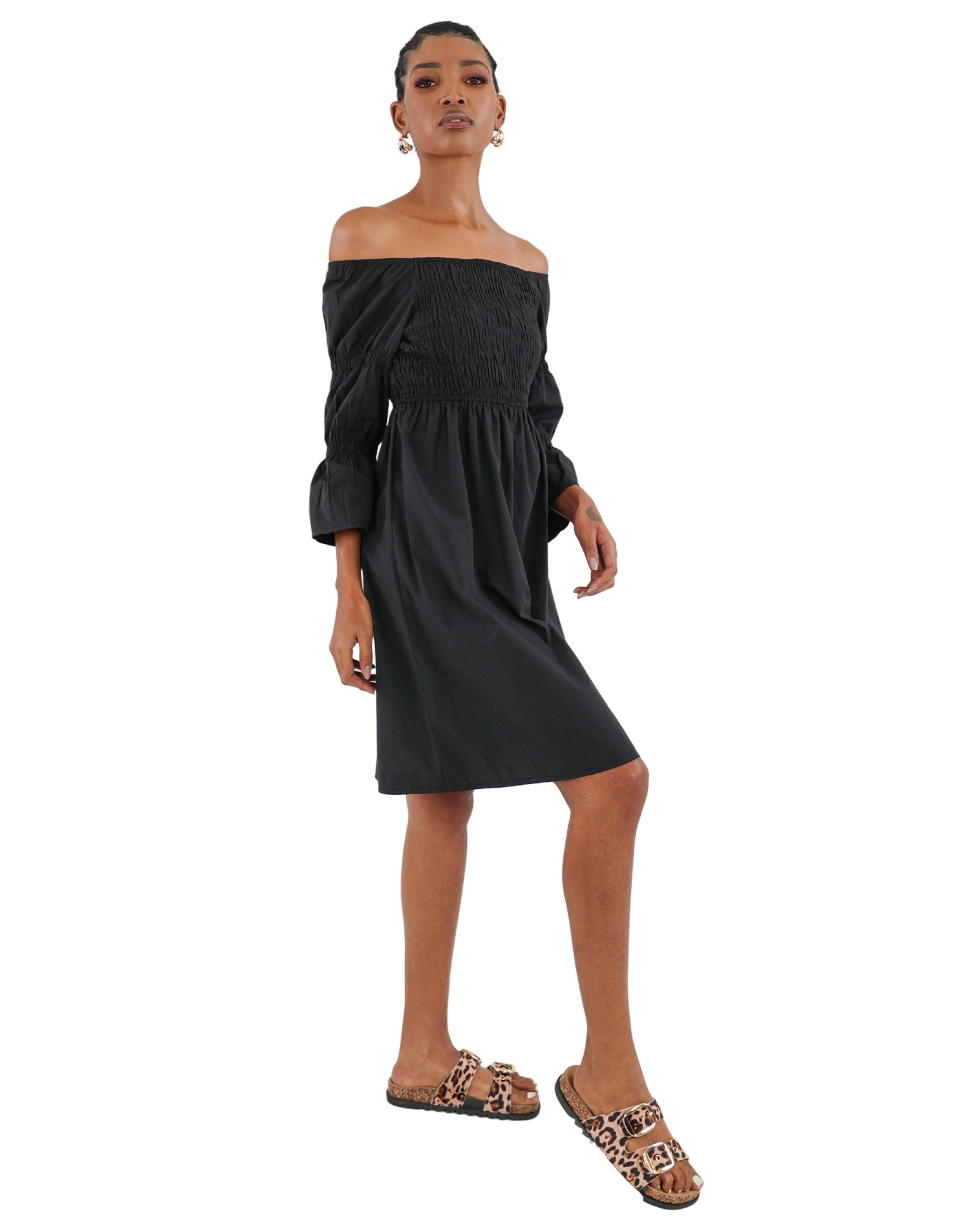 Shirred Bodice Off-The-Shoulder Mini Dress