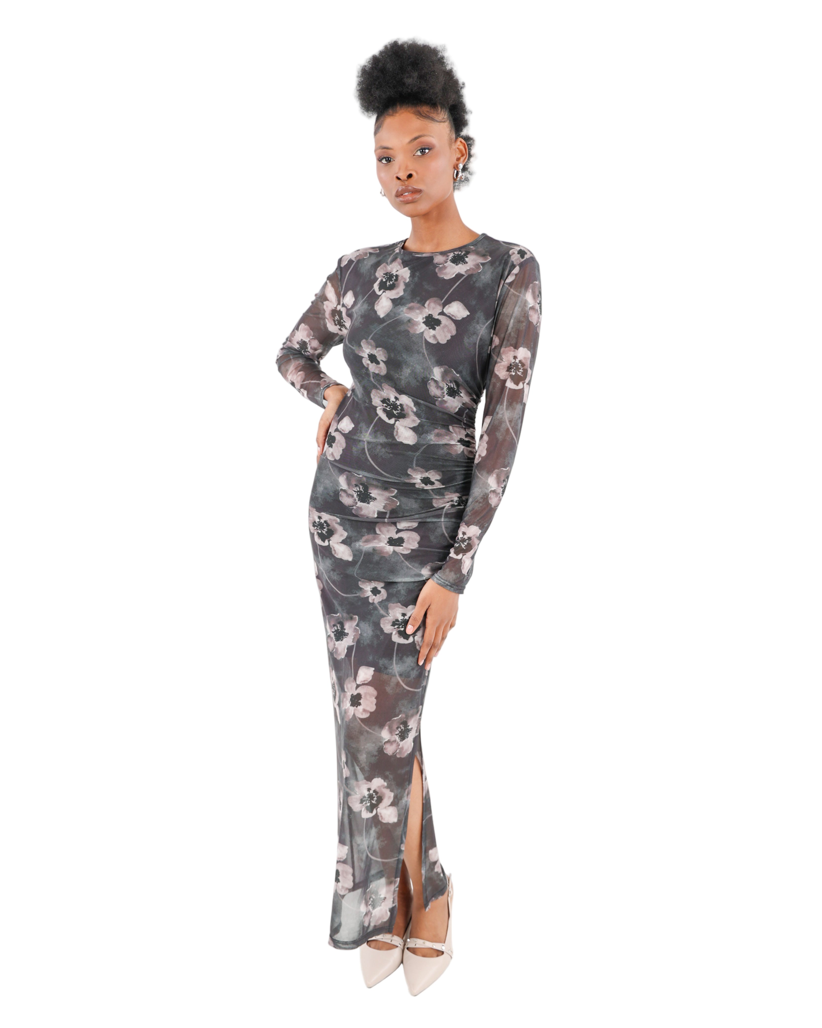 Long Sleeve Floral Mesh Maxi Bodycon Dress