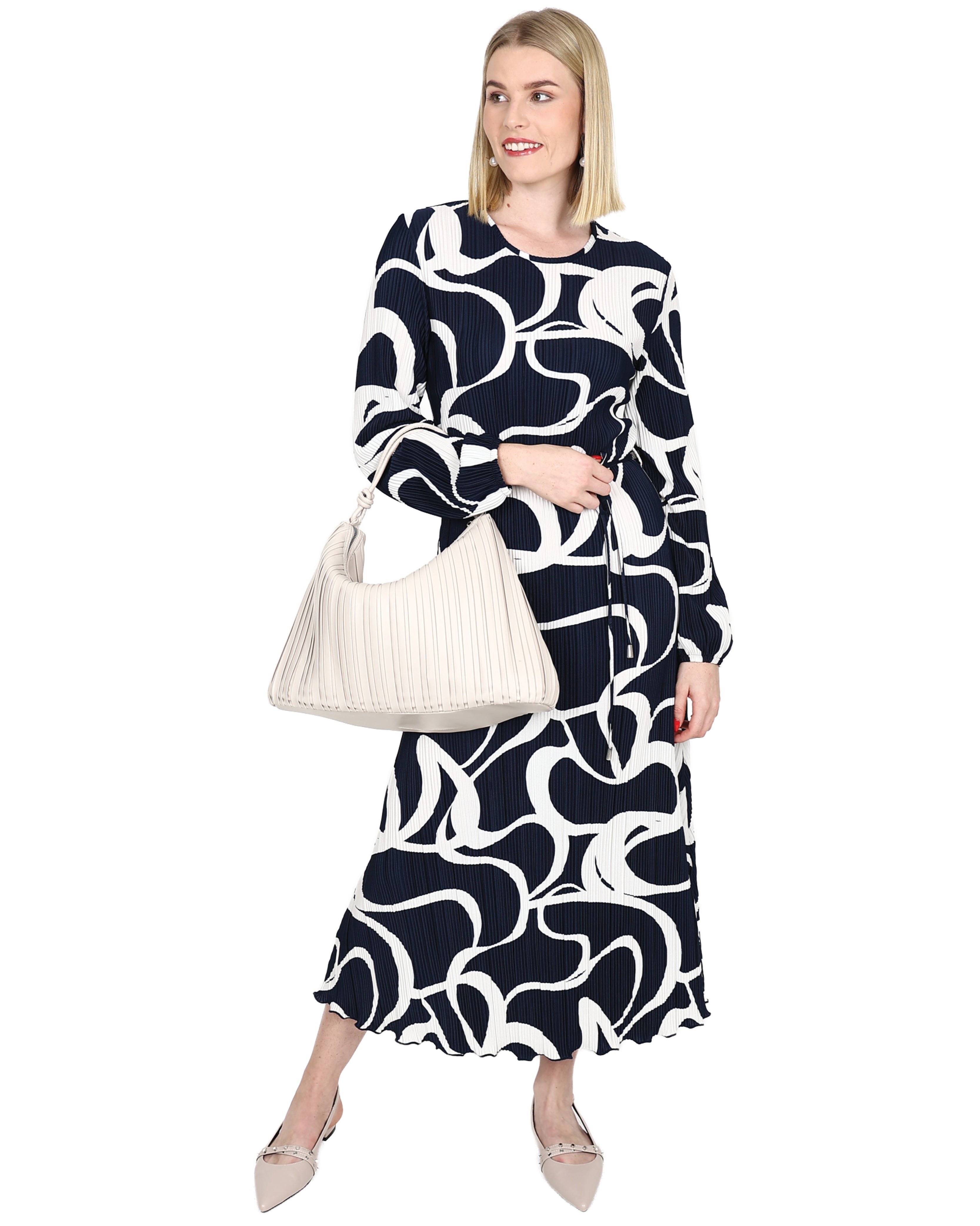 Long Sleeve Plissé Swirl Print Midi Dress