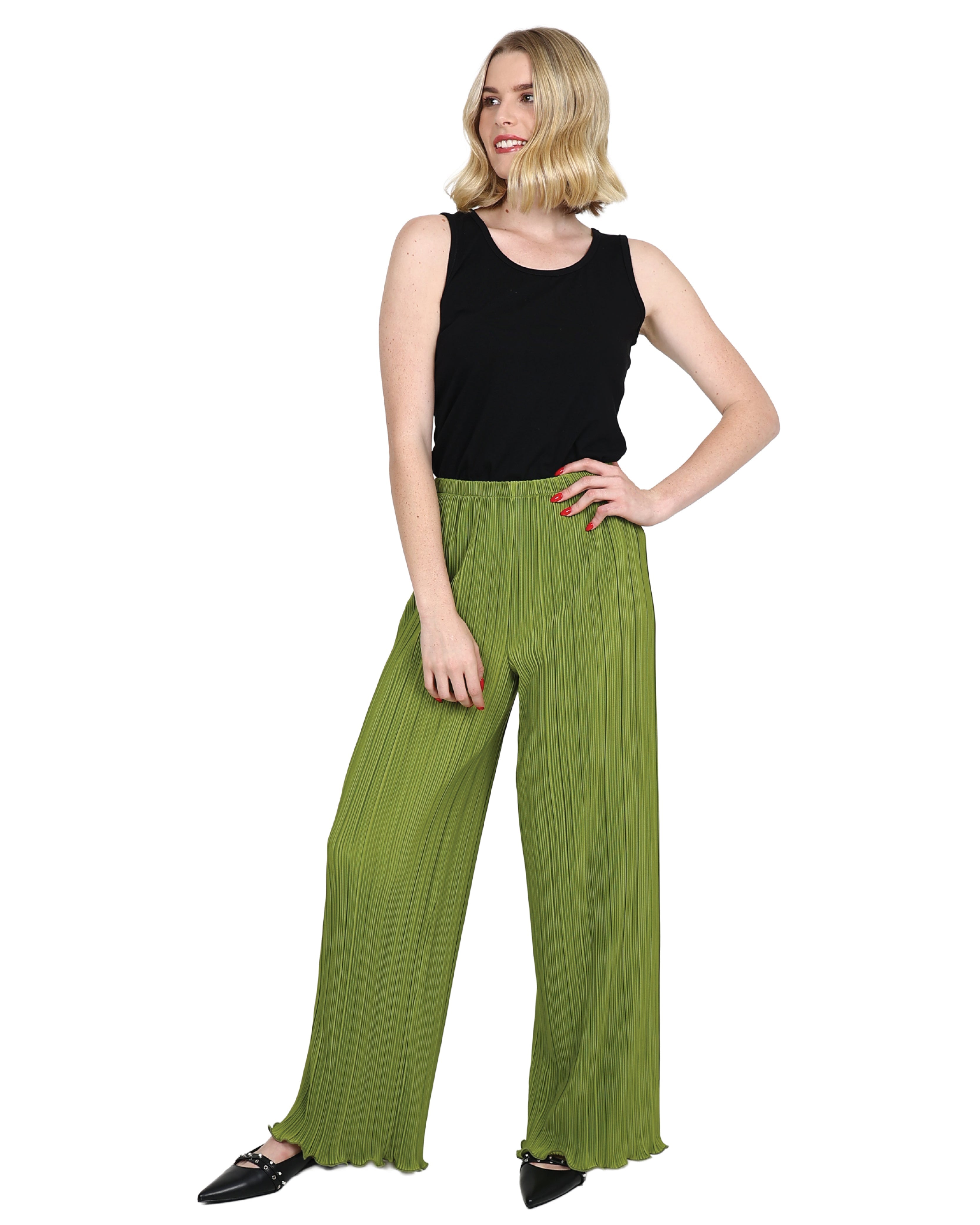 Green Flared Plissé Pants