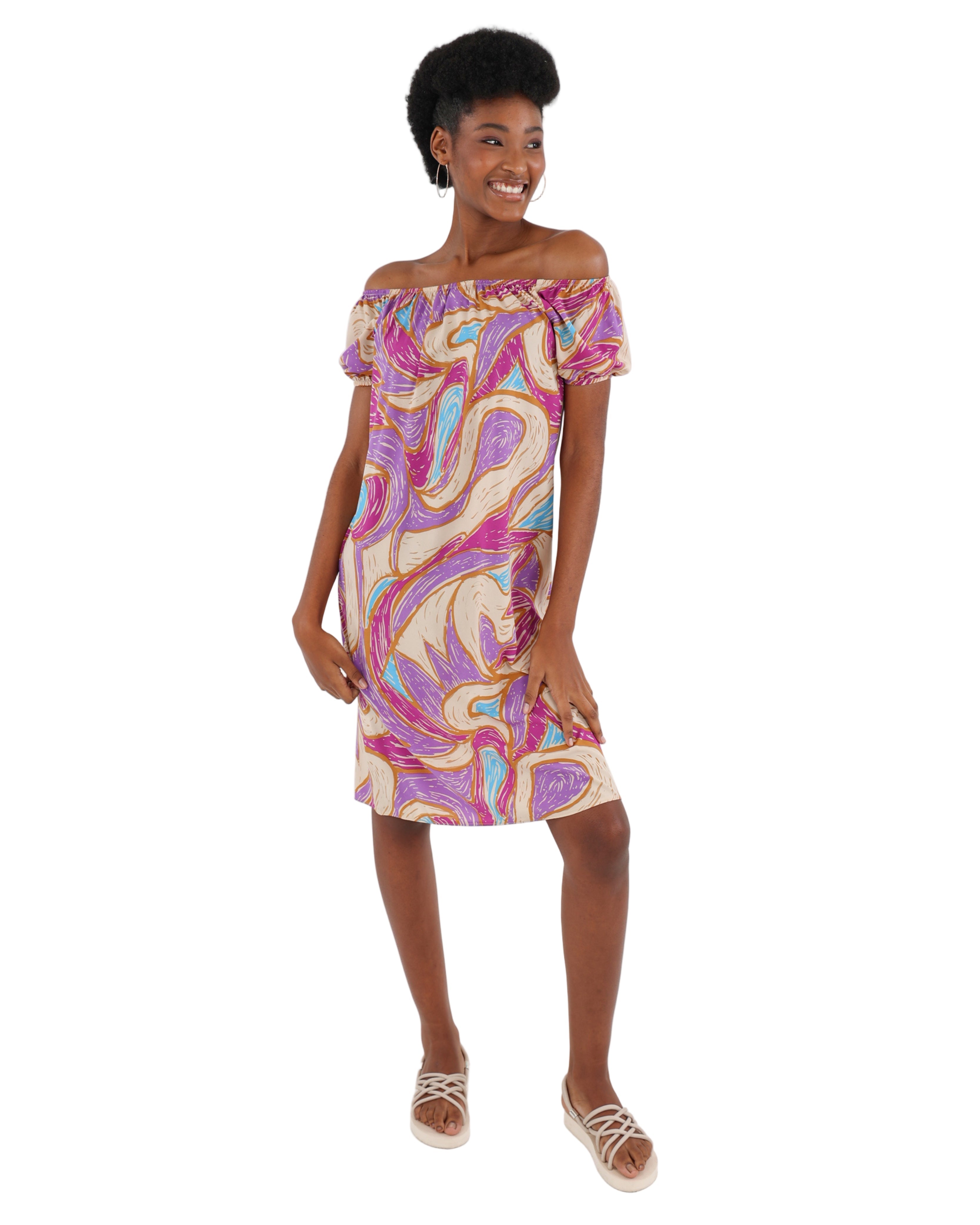 Short Puff Sleeve Abstract Print Dress
