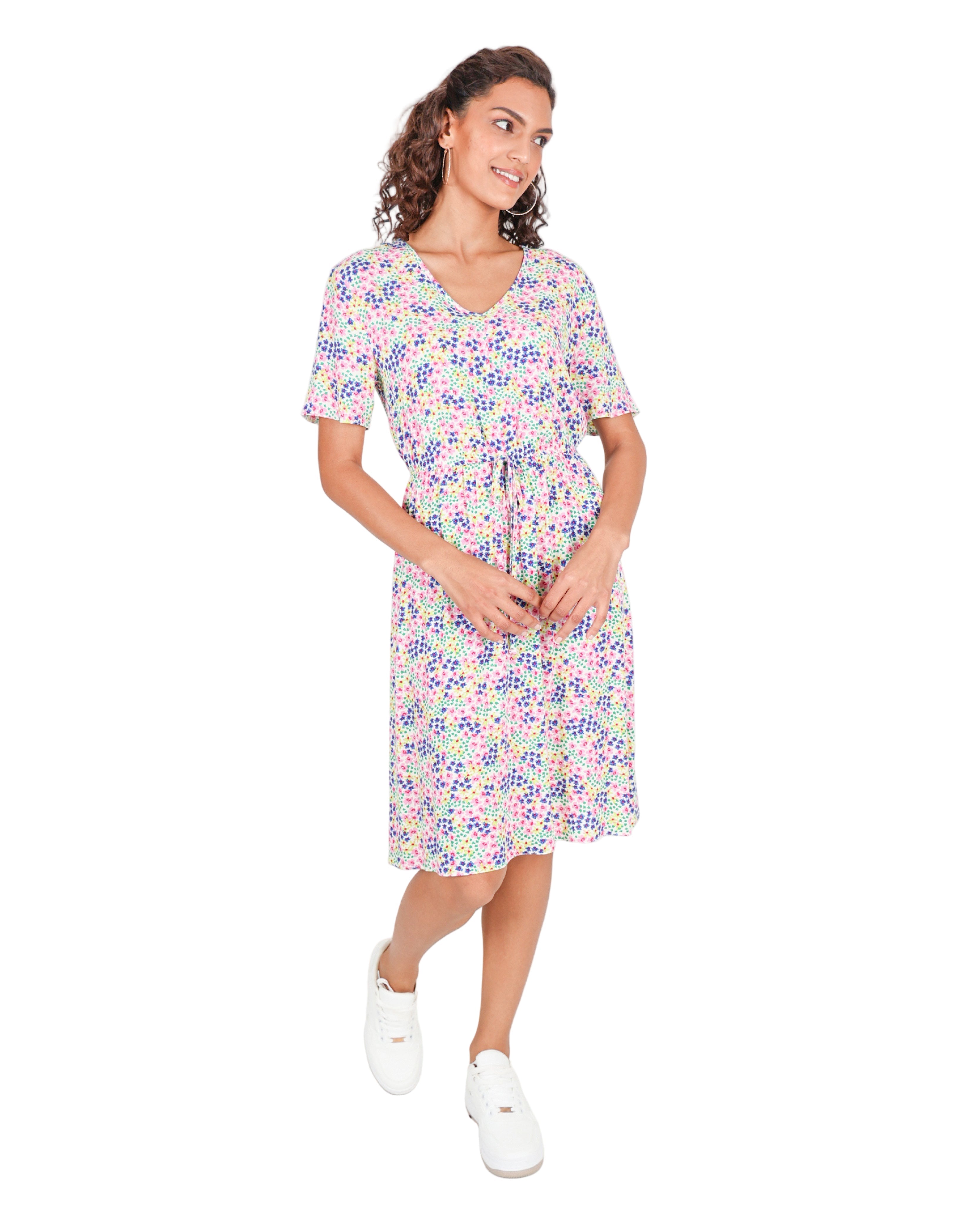 Pastel Floral Print Short Sleeve Summer Dress