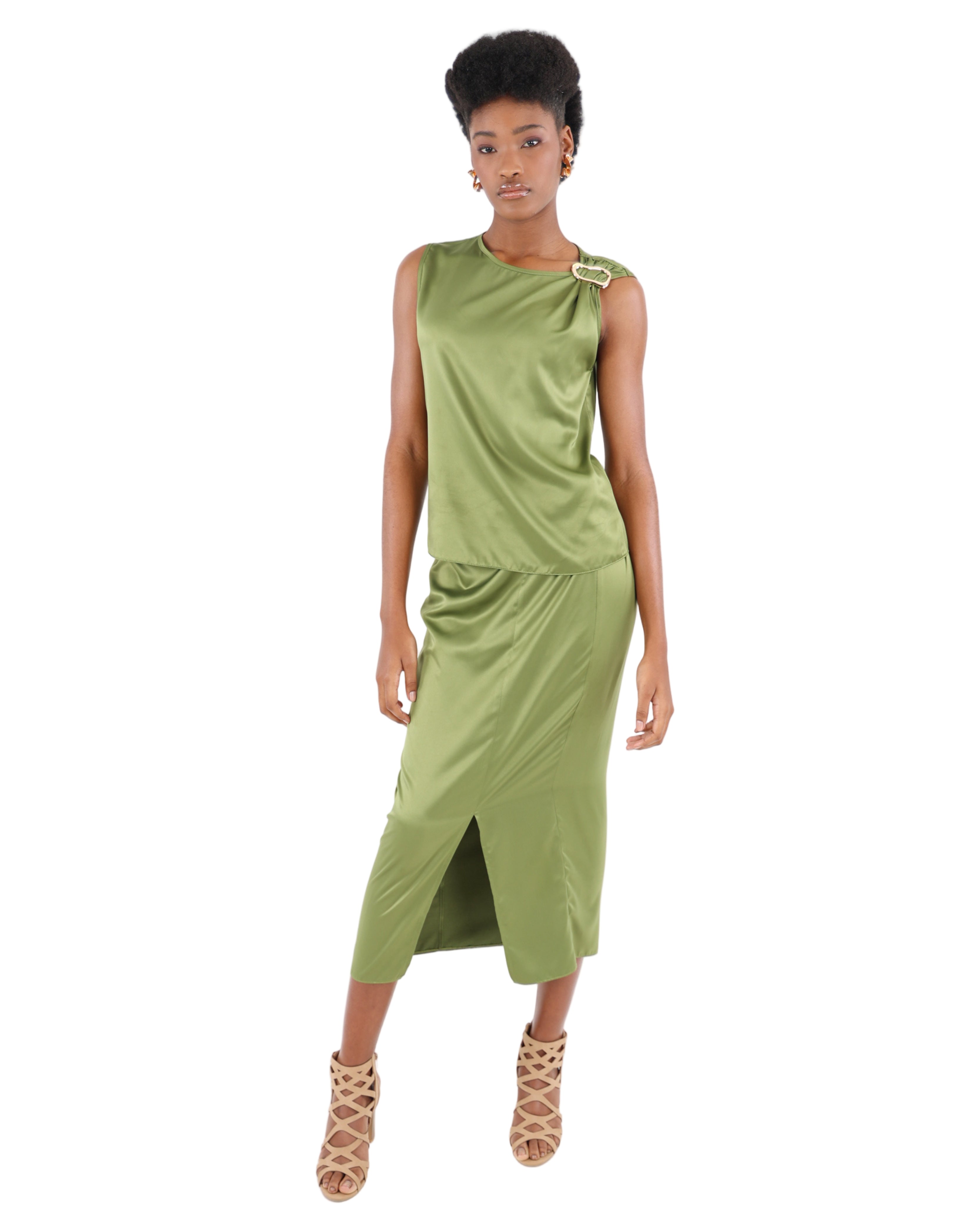 Olive Satin Midi Skirt with Trim Detail
