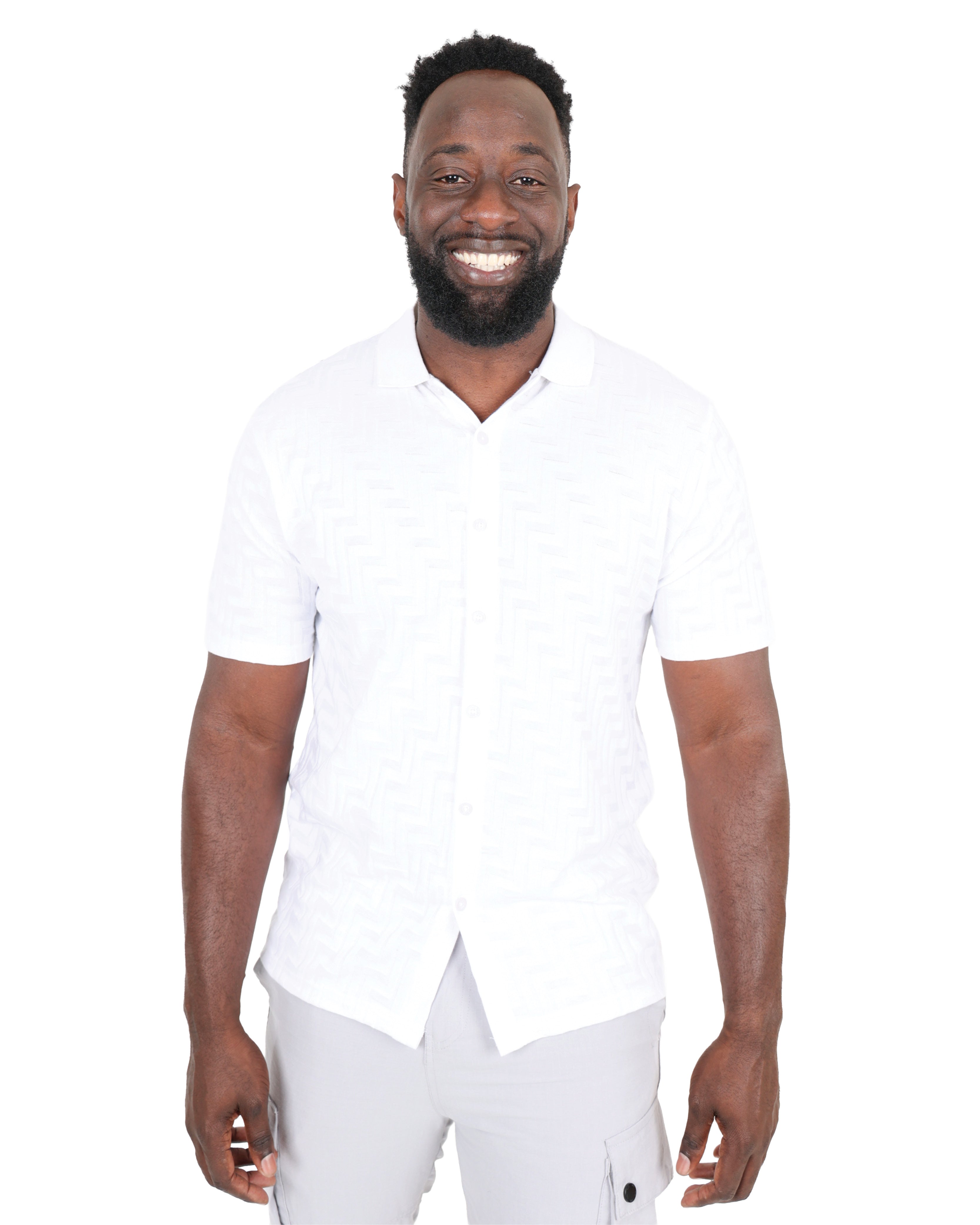 Short Sleeve White Button Through Jacquard Golfer