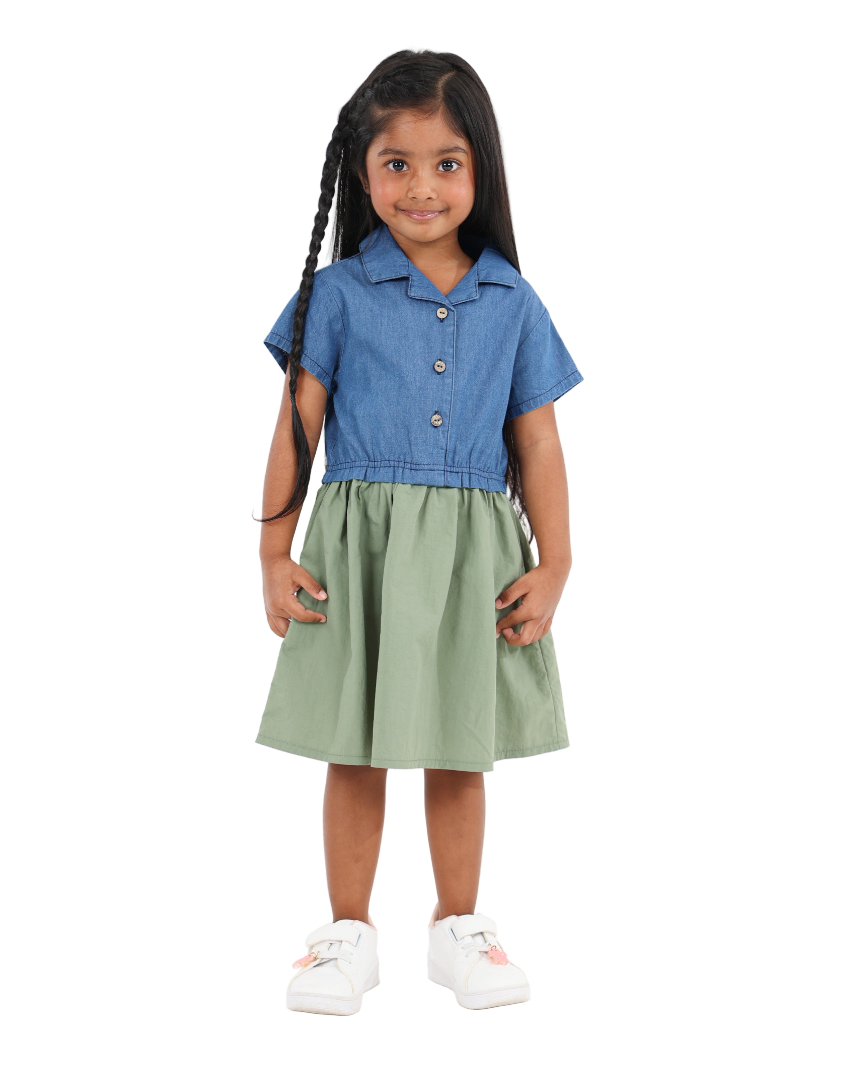 Short Sleeve Denim Shirt Dress With Parachute Bottom
